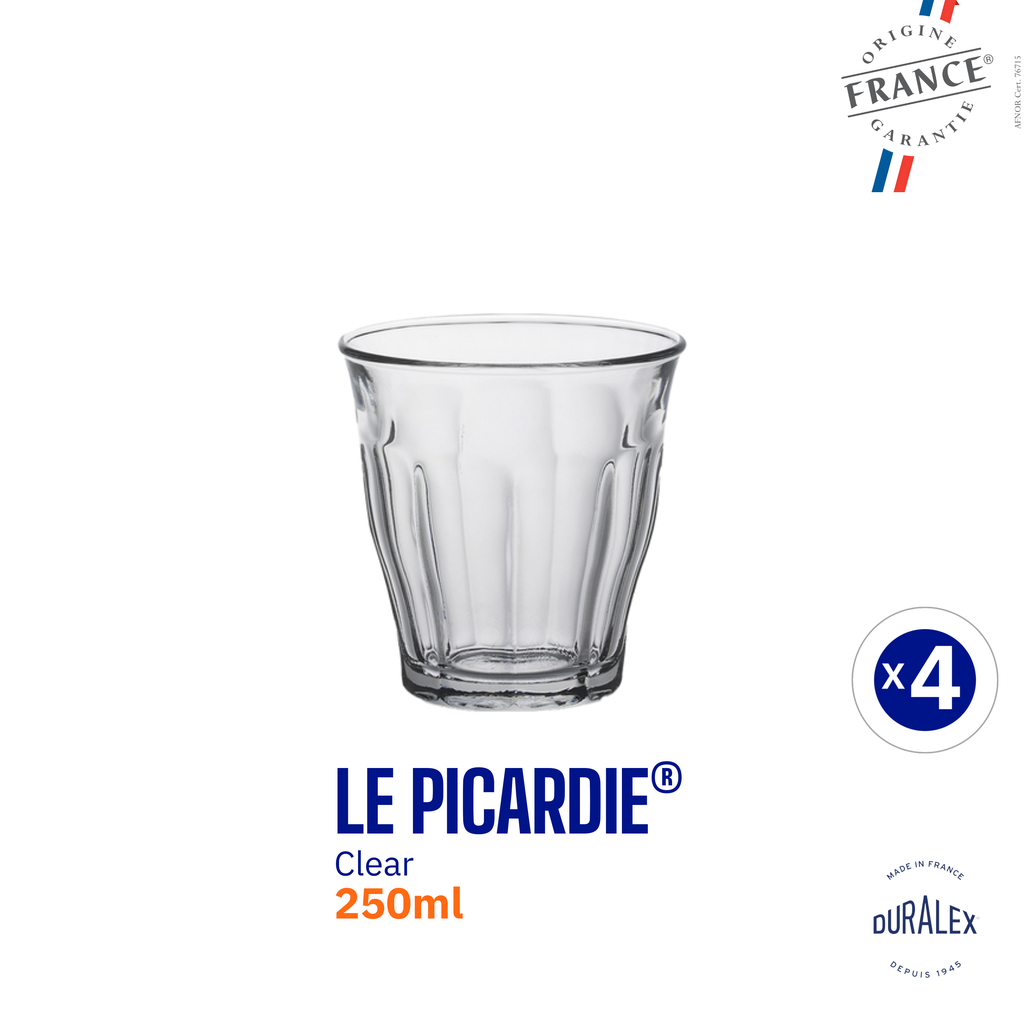 Duralex Picardie 250ml Glass Tumbler, ideal for coffee tea chai cutting chai juice water whiskey cocktails mocktails set of 4 party house cafe restaurant 