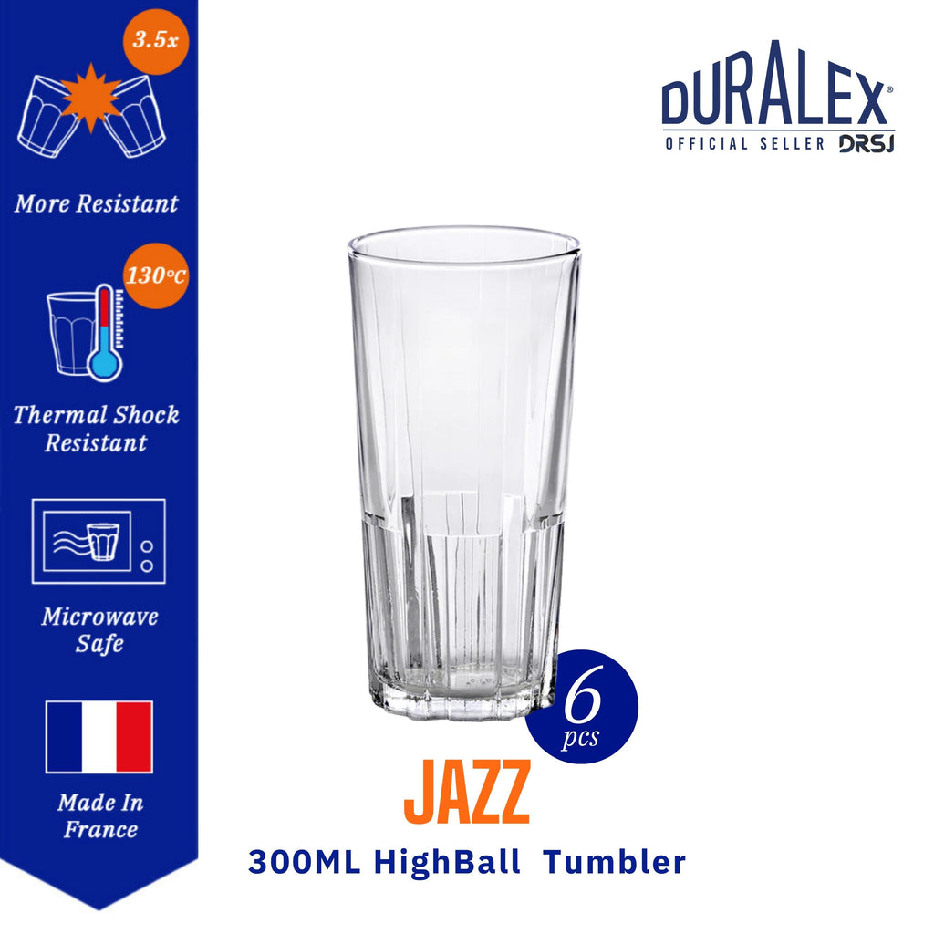 Duralex® Jazz Clear Highball Tumbler 300ml Set Of 6 Glasses, for drinking juice, water, cocktails, hot drinks or cold, made in france