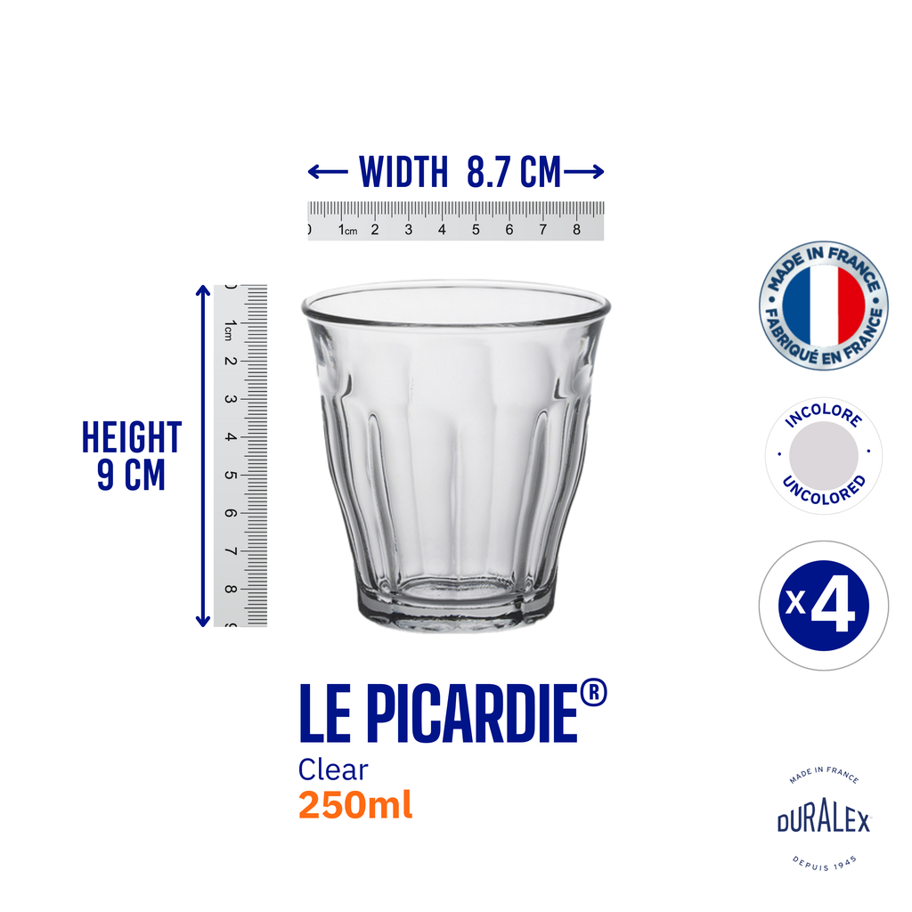 Duralex Picardie 250ml Glass Tumbler, ideal for coffee tea chai cutting chai juice water whiskey cocktails mocktails set of 4 party house cafe restaurant 