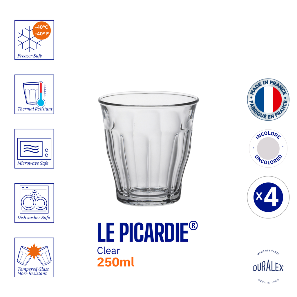 Duralex Picardie 250ml Glass Tumbler, ideal for coffee tea chai cutting chai juice water whiskey cocktails mocktails set of 4 party house cafe restaurant 