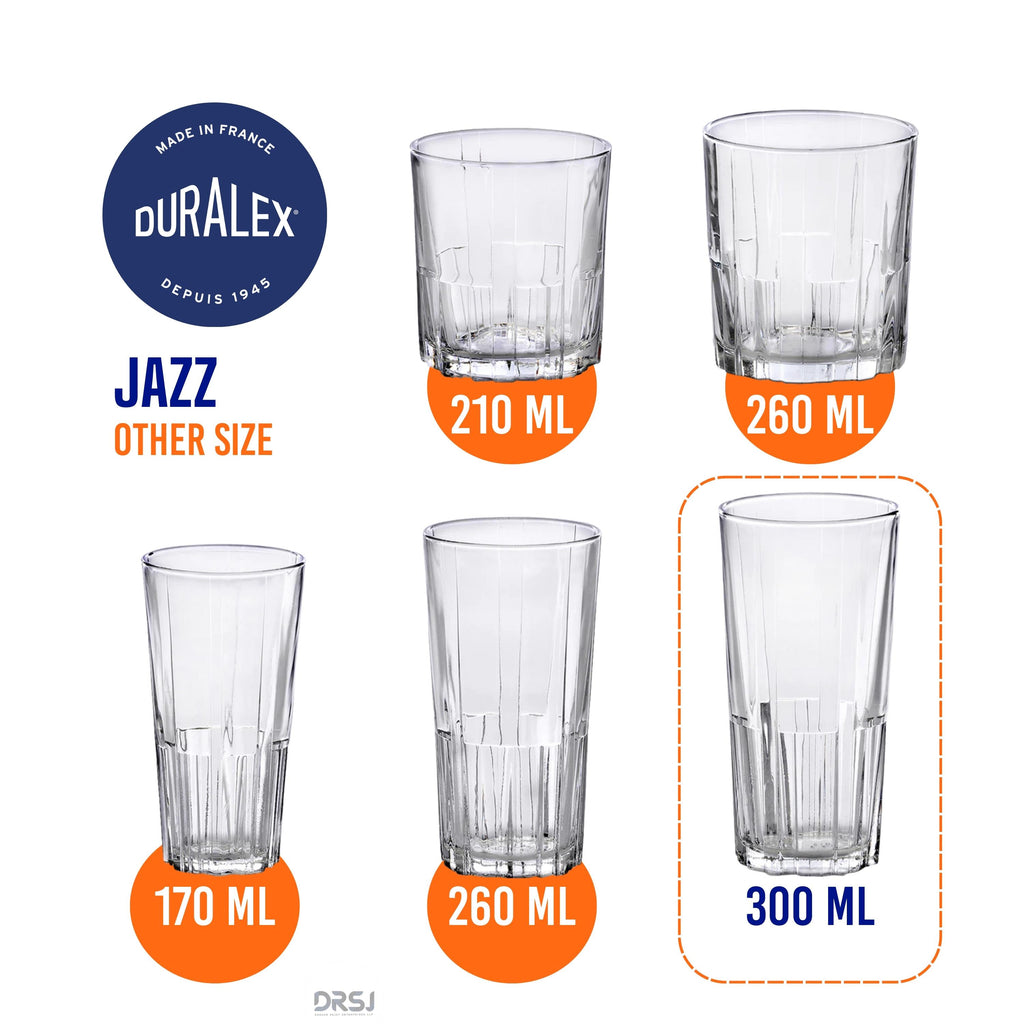 Duralex® Jazz Clear Highball Tumbler 300ml Set Of 6 Glasses, for drinking juice, water, cocktails, hot drinks or cold, made in france