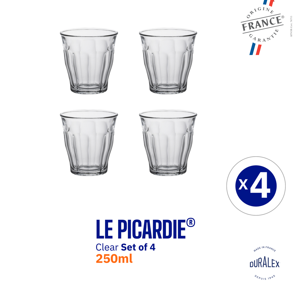 Duralex Picardie 250ml Glass Tumbler, ideal for coffee tea chai cutting chai juice water whiskey cocktails mocktails set of 4 party house cafe restaurant 