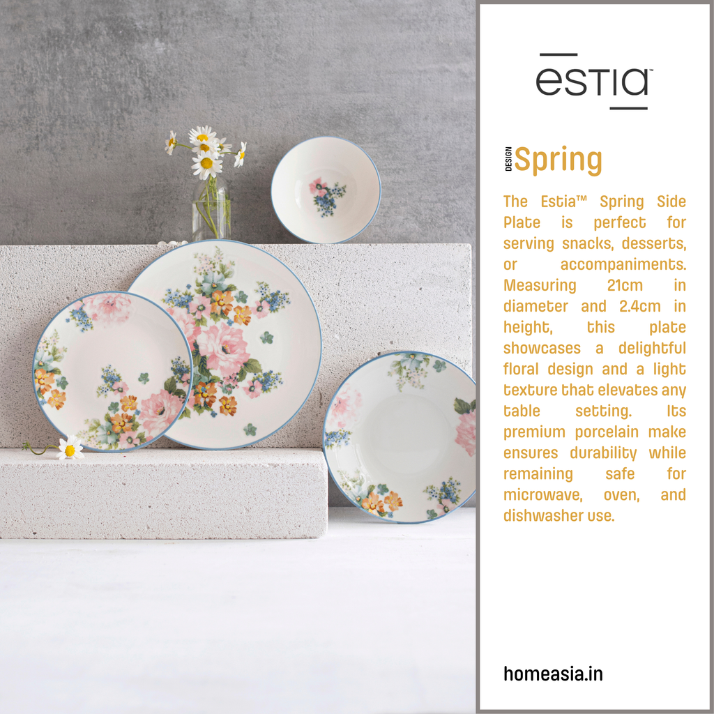 Estia™ Spring 21cm Side Plate – Lightly textured porcelain plate with floral design. Oven, microwave, and dishwasher safe. Ideal for snacks and sides.